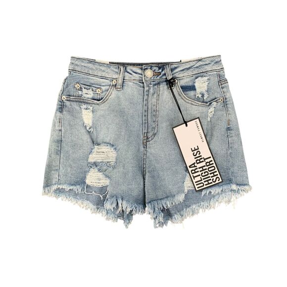 Almost Famous Shorts Womens Junior 1 Denim Ultra High Rise Distressed Frayed Hem - Picture 1 of 11